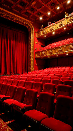 This stunning theater features red velvet seats and rich golden detailing, creating an inviting atmosphere before a show starts in the evening.の素材
