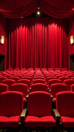 Rows of red seats fill an elegant theater space. The red curtains hang down from the stage, creating an inviting atmosphere for the audience.の素材