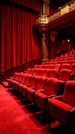 The theater features vibrant red curtains and plush seating, creating an inviting atmosphere as it awaits the evening performance to begin.の素材