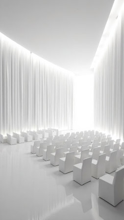 Minimalist design showcases white chairs arranged in a bright, spacious room. Soft curtains and glowing lights create a tranquil atmosphere for gatherings.の素材