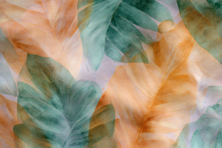 Vivid tropical leaves in shades of green and warm orange weave together, creating a captivating and soothing design perfect for home decor or fashion accents.の素材