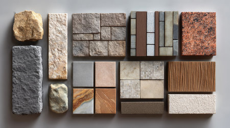 Stone and tile samples showcase textures and colors neatly for design inspiration and selection.の素材