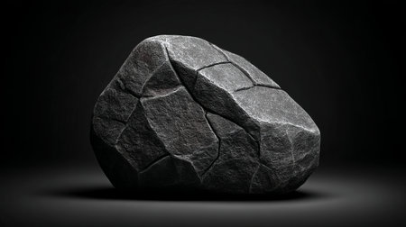 A textured dark stone rests against a pitch-black background, highlighting its natural beauty.の素材