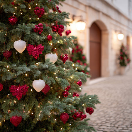 A Christmas tree filled with red and white ornaments stands majestically in a cobblestone alley, surrounded by festive decorations and warm lighting.の素材
