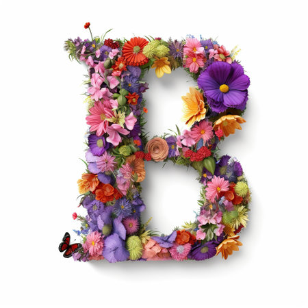 Vibrant flowers in various colors form the letter B against a clean white backdrop, creating a lively and cheerful decoration perfect for celebrations.の素材
