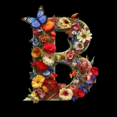 Floral arrangement in the shape of the letter B features vibrant flowers of various colors and a butterflyの素材