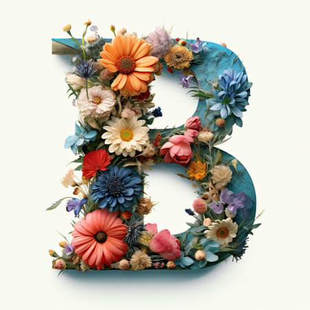 Bright and colorful flowers surround the letter B, featuring daisies, roses, and other blooms, creating a lively and cheerful display perfect for springtime decor.の素材