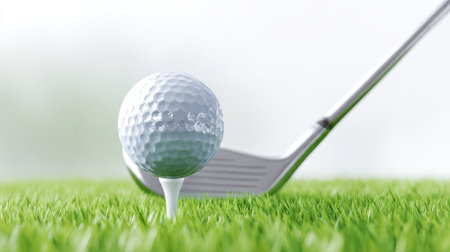 A shiny golf ball rests on a tee while a club stands ready to hit it. The scene is set in a lush green field, capturing the anticipation of a swing.の素材
