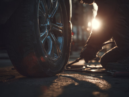 A skilled technician works on a tire in the fading light of sunset, capturing the moment of focus and expertise amid a quiet urban setting.の素材