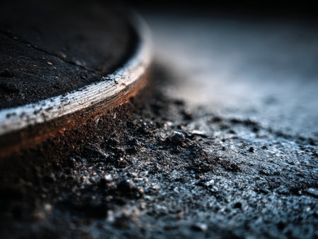 A close-up view of a flat tire on a deserted road at sunset, capturing the textures of the rubber and surrounding dirt, creating a gritty atmosphere.の素材