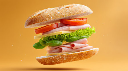 A visually appealing arrangement of a French sandwich with layers of tomatoes, lettuce, and meats, suspended against a bright backdrop, celebrating fresh flavors.の素材