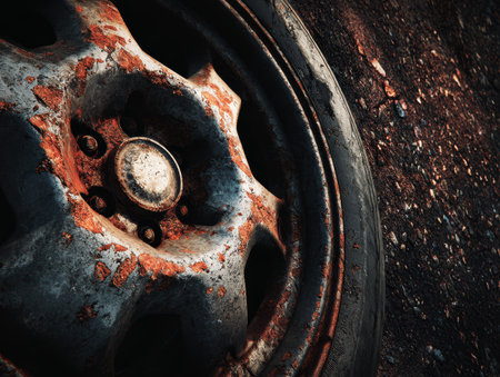 Close view of a rusty car wheel resting on a dirt surface, showing the effects of time and neglect in an empty location with scattered pebbles.の素材