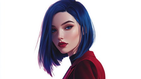 A person with straight midnight-blue hair poses with confidence in a red outfit. The background is plain, and the lighting is bright, showing a clear daytime scene.の写真素材