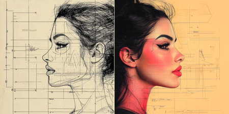 The left side shows a line drawing of a woman while the right side displays a colorful version. Both sides capture the same features in different styles.の素材