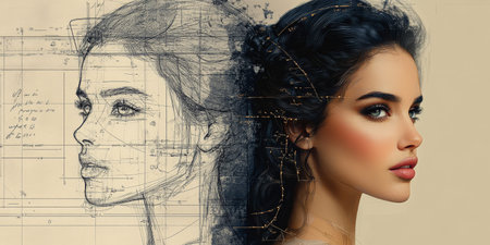 This scene features a woman with dark hair and bright skin on the right side, while a detailed sketch of her face is shown on the left side using simple lines.の素材