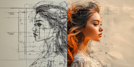 One side shows a sketch of a woman while the other side shows a real photo of a woman. Both sides highlight beauty and creativity in a unique way.の素材