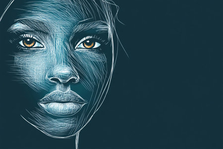 A black female with brown eyes is featured in a drawing that highlights her features using lines and colors. The artwork focuses on her expression and style.の写真素材