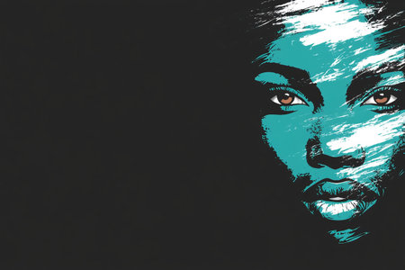 A woman with brown eyes looks directly at the viewer. The background is dark, and her face is surrounded by colorful, artistic brush strokes.の写真素材