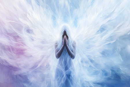 A figure stands with hands together, surrounded by soft colors. The wings spread out, blending into the background. The scene feels expansive and open.の写真素材