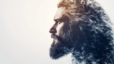 A strong bearded man is shown in profile. The image uses a double exposure effect to create an artistic look blending nature elements with its features.の写真素材