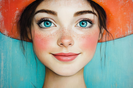 A young woman smiles brightly, wearing an orange hat. Her blue eyes shine as she poses against a colorful background with light textures.の写真素材
