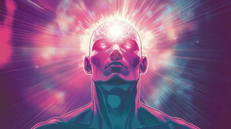 A person is experiencing mediation with energy flowing upward through the spine. The individual focuses on the mind while surrounded by lights and colors.の写真素材