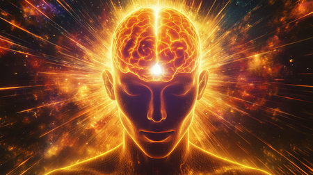 Energy flows upward through the spine as a representation of meditation. The focus is on the brain with bright light surrounding it during the experience.の写真素材