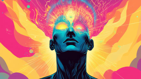 A figure meditates while energy flows upwards through the spine. Vivid colors surround the figure, creating a dynamic atmosphere of focused energy and awareness.の写真素材