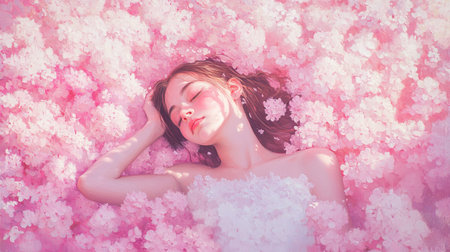 A woman lies in a field filled with pink flowers, soaking up the sun. Her relaxed pose shows a moment of enjoyment in nature. The day is bright and cheerful.の写真素材