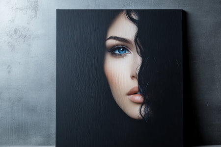 A woman with black hair and blue eyes poses for the canvas display. Her face takes up most of the space as she gazes directly at the viewer.の写真素材