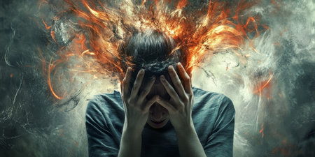 A person holds their head in distress as a whirlwind of chaos surrounds them, showing the intense feelings of an anxiety attack in a dark environment.の写真素材