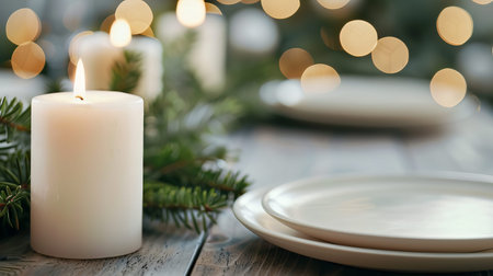 A family dinner setup for Christmas shows white candles lit on a wooden table with empty plates and green branches. The atmosphere is festive with soft lights.の写真素材