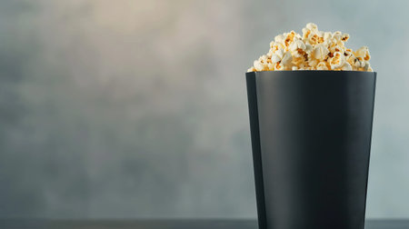 A popcorn package is showcased with a glowing effect. The design features a simple black container filled with fresh popcorn. The scene has a soft, neutral background.の写真素材