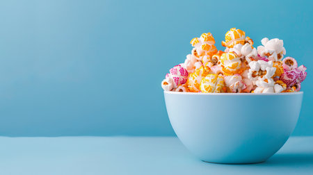 A bowl filled with popcorn in bright colors sits on a blue surface. The popcorn shows various flavors and creates a fun sight perfect for snacking.の写真素材