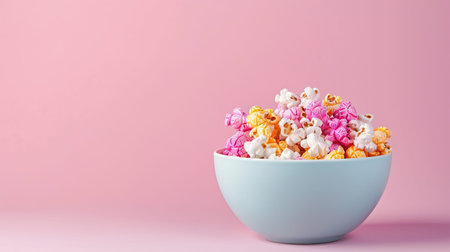 A bowl filled with colorful flavored popcorn sits on a table. The popcorn shows bright neon colors like pink, orange, and yellow that catch attention.の写真素材