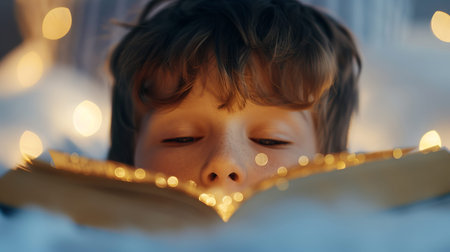 A child looks closely at a glowing fairytale book surrounded by soft lights. It is nighttime and the scene feels warm and inviting as the child enjoys the story.の写真素材
