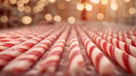 Workers create striped sugar rods in a cane factory. The assembly line shows many rods lined up, all fresh and ready for packing, with bright lights overhead.の写真素材