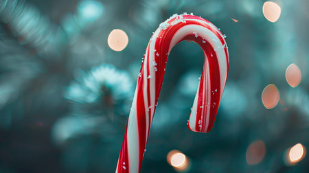 A red and white candy cane is on a Christmas tree branch while bright lights glow in the background during the holiday season.の写真素材