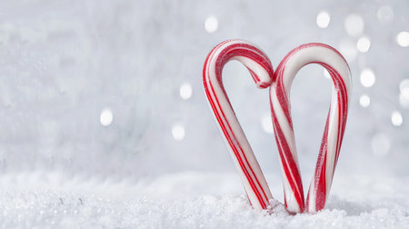 Two candy canes are arranged in a heart shape on a surface of snow. The background has soft, sparkling light. This scene captures a winter moment.の写真素材