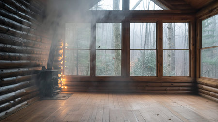A warm cabin stands in the woods. White smoke fills the space, and Christmas decorations add a festive touch. The view outside shows tall trees and fog.の写真素材