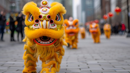 Performers are dancing in lion costumes along the busy city streets. Crowds watch as the celebrations fill the atmosphere during the New Year event.の写真素材