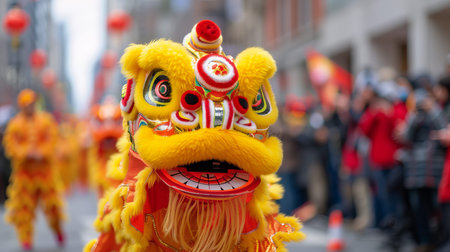 Performers in colorful costumes dance in a lively lion dance during a New Year celebration on a busy street full of people and decorations.の写真素材