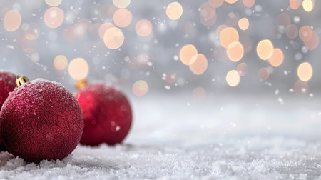 Red ornaments sit in fresh snow while soft bokeh lights sparkle in the background, creating a warm winter scene during the holiday season.の写真素材