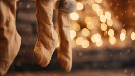 Stockings are placed above a cozy fireplace, creating a warm atmosphere as lights twinkle in the background during the holiday time.の写真素材