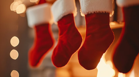 Red stockings are placed above a warm fireplace. The scene captures the spirit of the holiday season with glowing lights and a cozy setting.の写真素材