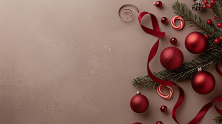 A flat lay shows red ornaments, pine branches, and ribbons placed neatly on a light surface for winter decoration during the holiday season.の写真素材