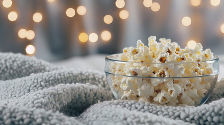 A fun movie night scene shows a big bowl of popcorn placed on a soft blanket. Warm lights create a cozy feeling in the living room at night.の写真素材