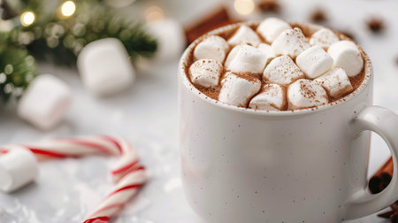 A cup of hot chocolate filled with marshmallows and sprinkled with cinnamon is placed on a table. Candy canes and festive decorations surround the mug.の写真素材