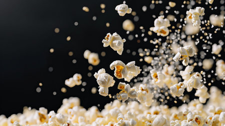 Popcorn kernels pop and burst in mid-air, capturing the moment of cooking with bits of popcorn flying against a dark background in a kitchen.の写真素材