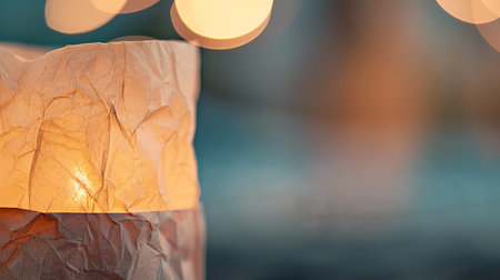 Lanterns made of paper glow with candle light as people gather nearby at night by the water, creating a warm and inviting atmosphere during the event.の写真素材